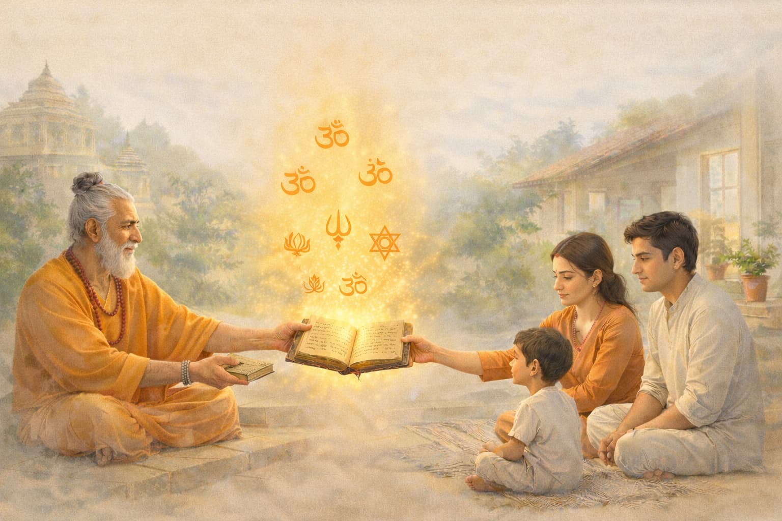 A sage sharing a dharmic text with a seated family while warm glowing symbols rise between them
